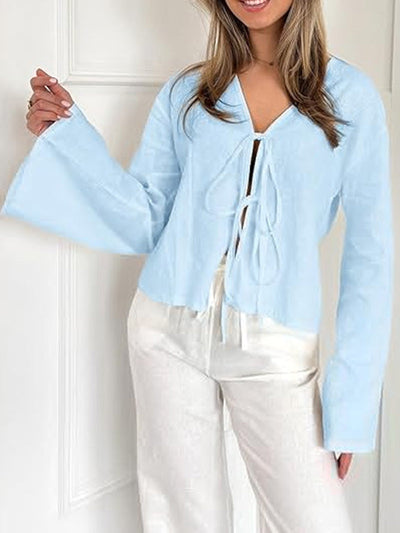 Lace-Up Solid Color V-Neck Blouses&Shirts Tops