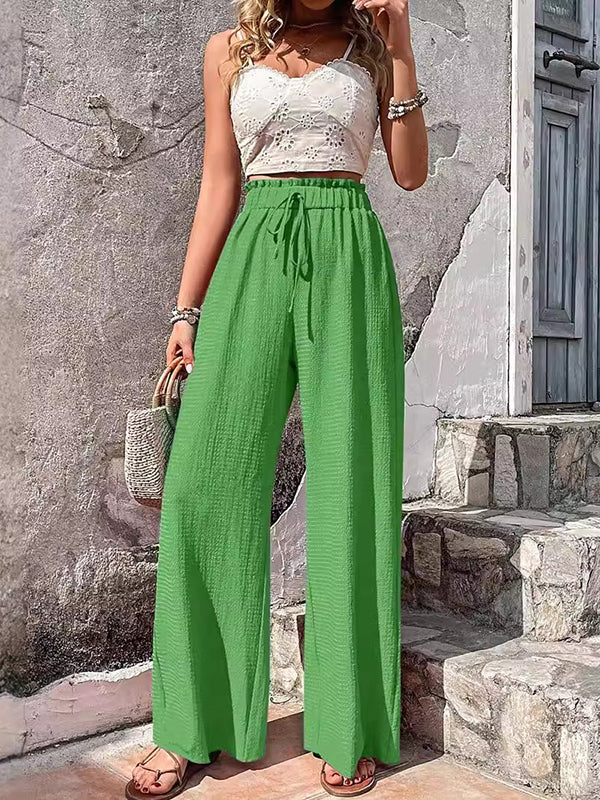 Loose Wide Leg Drawstring Elasticity Solid Color Split-Joint Pants Trousers