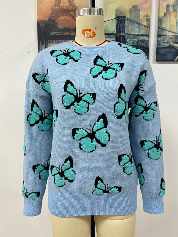 Original Long Sleeves Loose Butterfly Print Contrast Color Round-Neck Sweater Tops