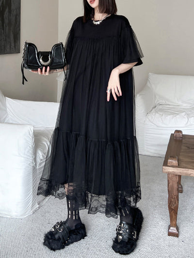 Fake Two-Piece Loose Gauze Pleated Solid Color Split-Joint Tiered Round-Neck Midi Dresses