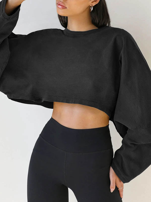 Long Sleeves Loose Solid Color Split-Joint Round-Neck Sweatshirt Tops