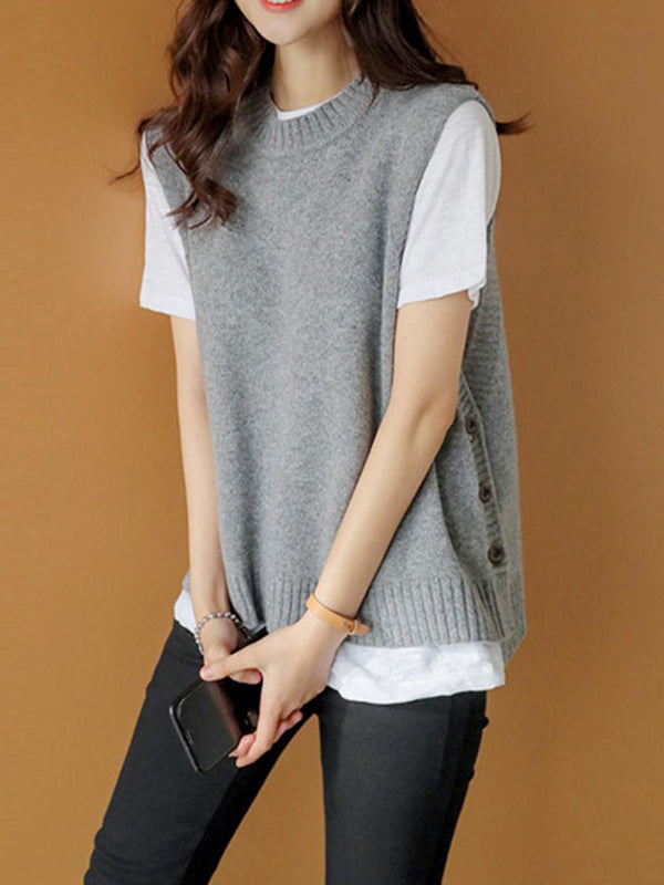 Simple Sleeveless Loose Buttoned Solid Color Round-Neck Sweater Vest Outerwear