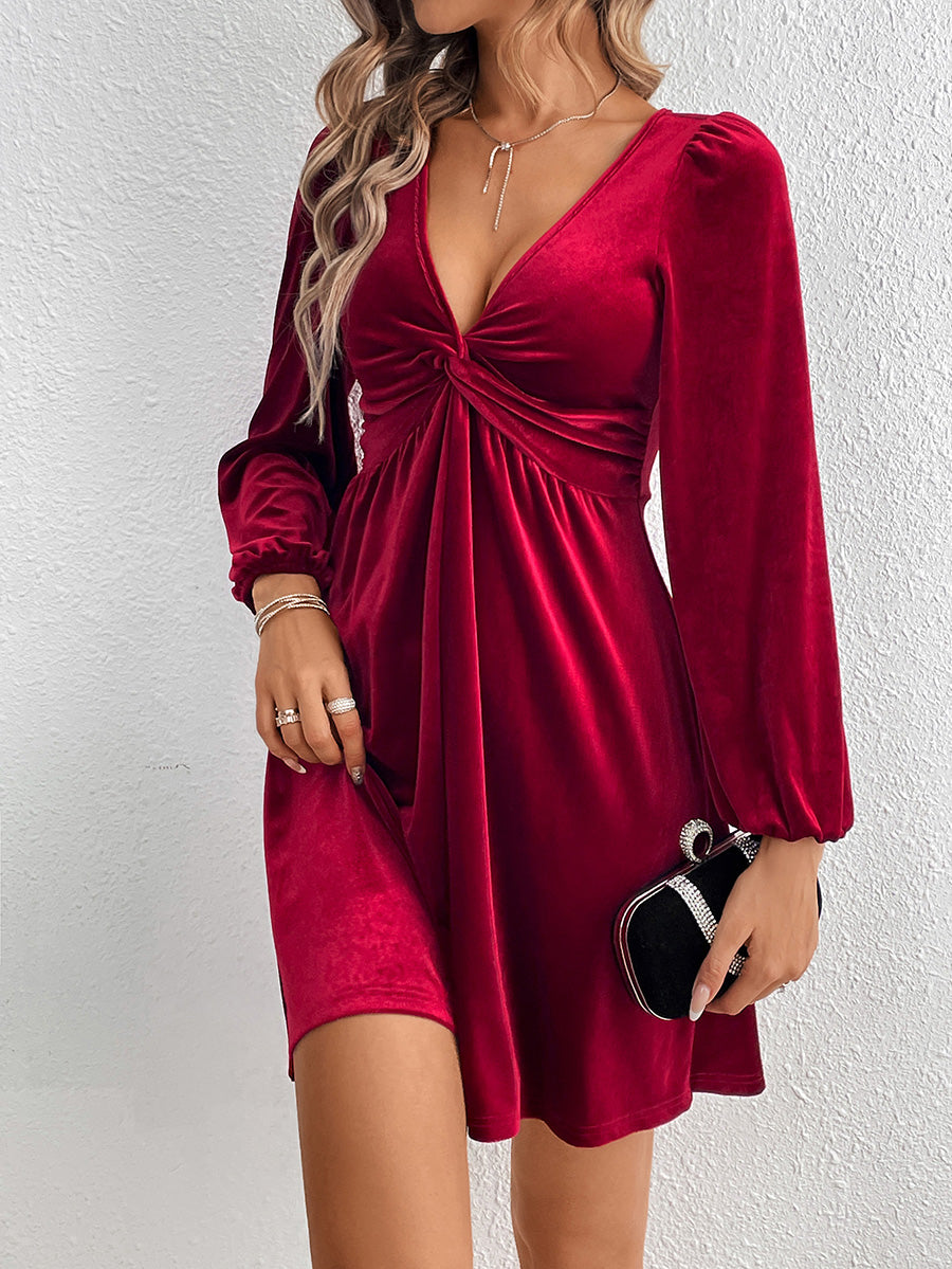 A-Line High Waisted Knot Pleated Solid Color Split-Joint Velvet Deep V-Neck Mini Dresses