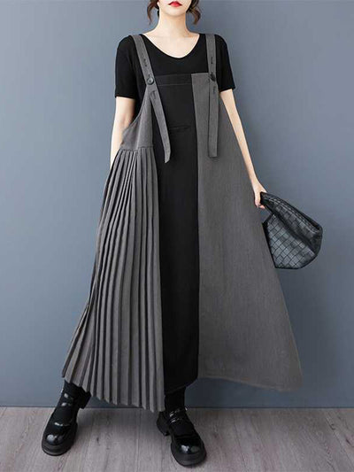 A-Line Loose Asymmetric Buttoned Contrast Color Pleated Pockets Split-Joint Adjustable Straps Midi Dresses