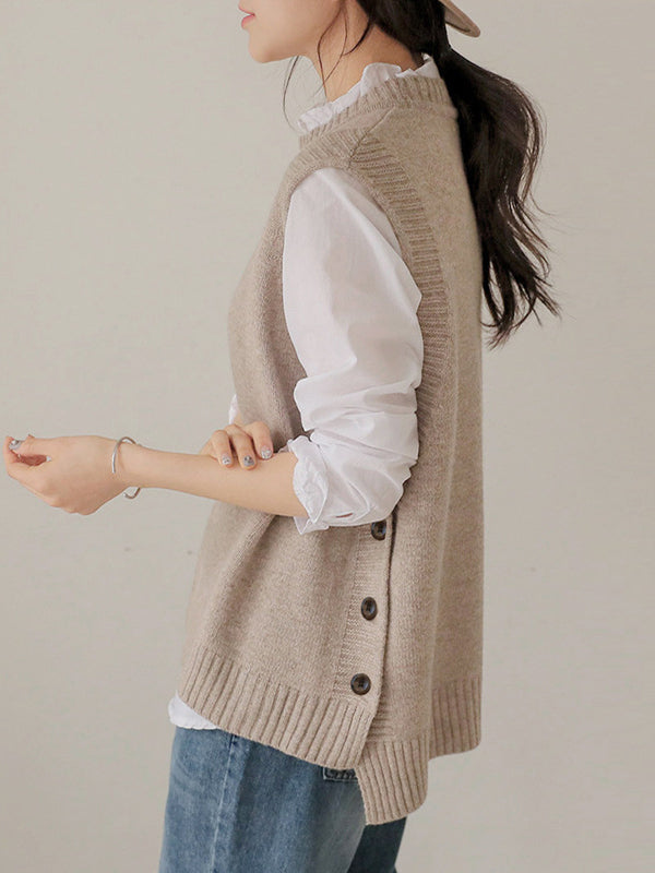 Simple Sleeveless Loose Buttoned Solid Color Round-Neck Sweater Vest Outerwear
