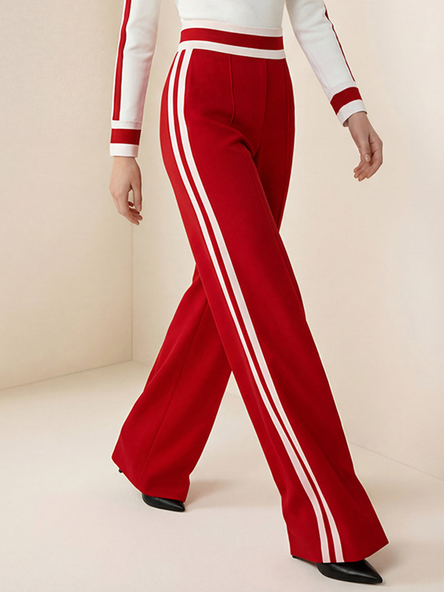 Loose Wide Leg Contrast Color Pockets Split-Joint Striped Pants