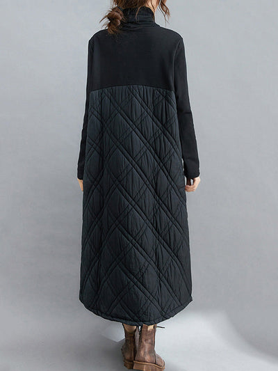 Simple Split-Joint High-Neck H-Line Quilted Midi Dress