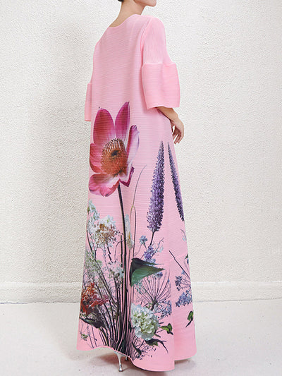 A-Line Flared Sleeves Flower Print Pleated V-Neck Maxi Dresses