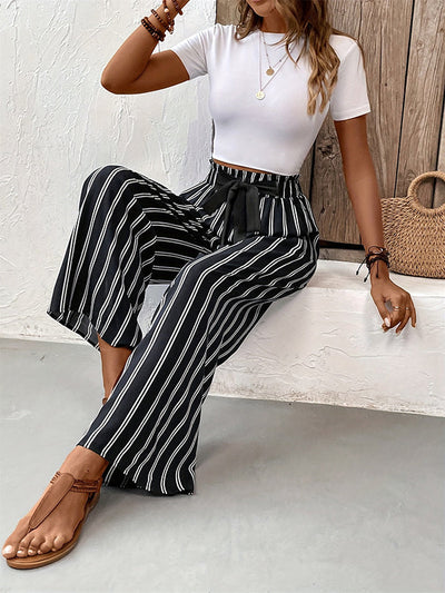 High Waisted Loose Contrast Color Pockets Striped Tied Waist Pants Trousers