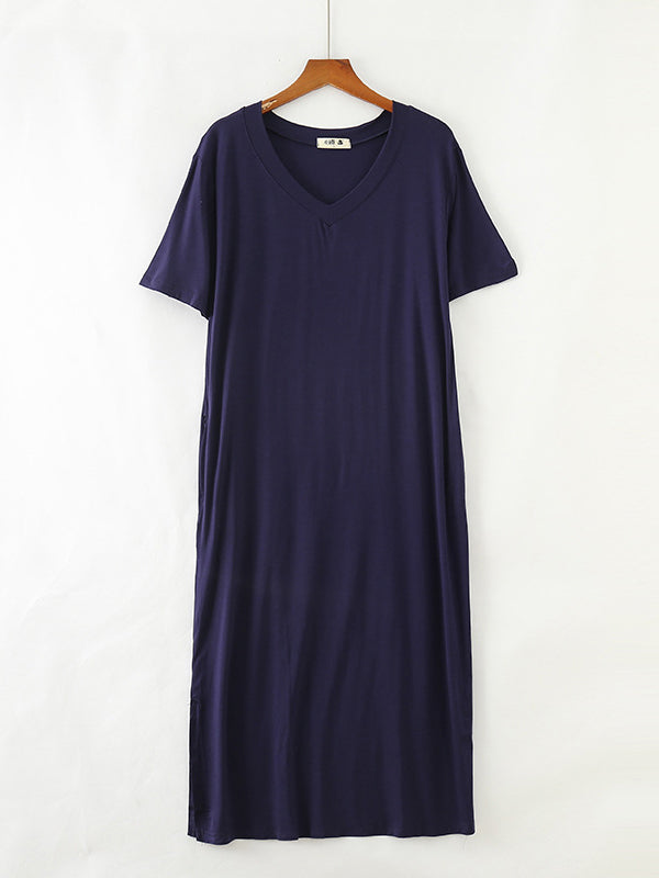 Simple Short Sleeves Loose Split-Side Solid Color V-Neck Pajamas Dress