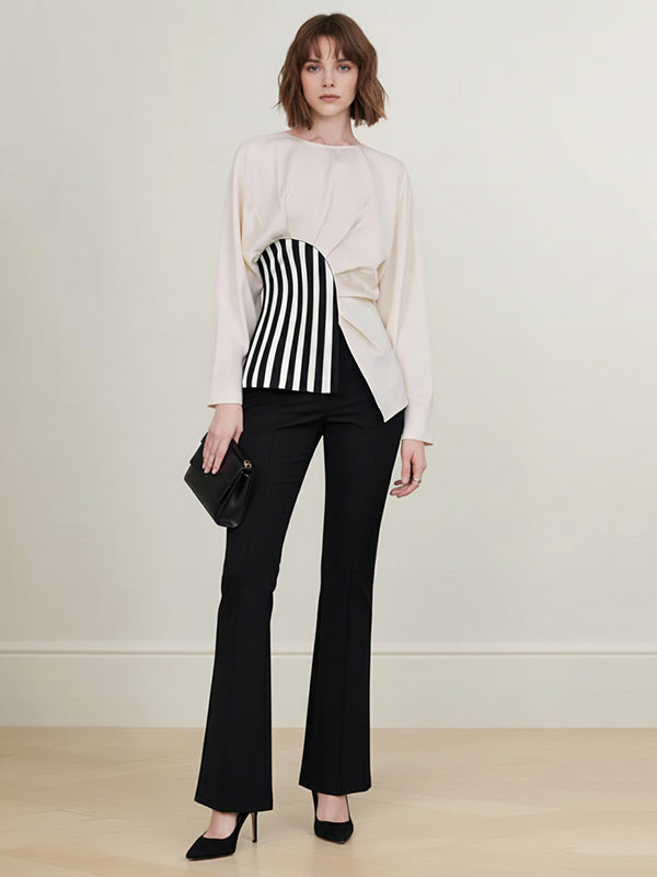 Irregularity Long Sleeves Asymmetric Pleated Split-Joint Striped Zipper Round-Neck Blouses&Shirts Tops