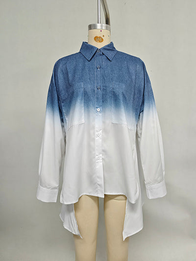 High-Low Loose Gradient Printed Split-Joint Split-Side Lapel Blouses&Shirts Tops