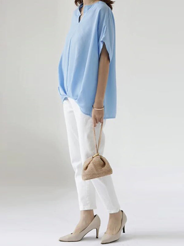 Batwing Sleeves Loose Pleated Solid Color Split-Joint Round-Neck Blouses&Shirts Tops