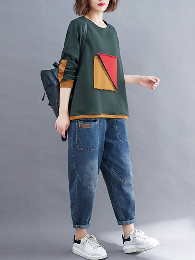 Artistic Retro Loose Triangle Applique Contrast Color Round-Neck Long Raglan Sleeves Sweatshirt
