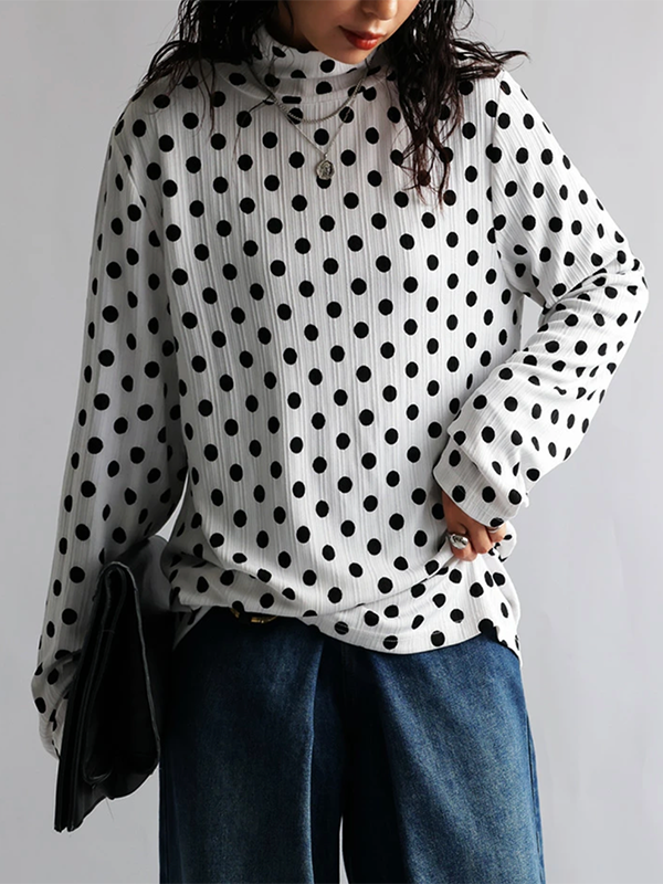 Long Sleeves Loose Polka-Dot Heaps Collar T-Shirts Tops