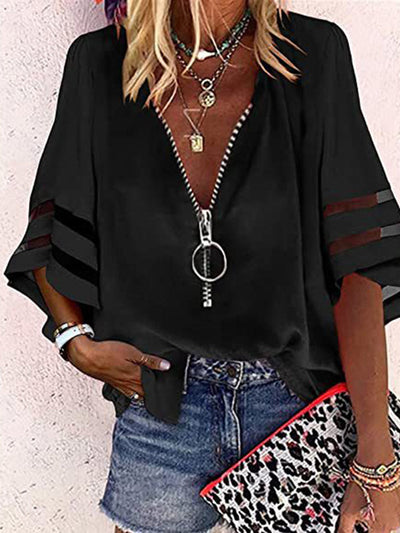 Loose Seven-Quarter Sleeves Hollow Solid Color Split-Joint Zipper Stand Collar Blouses&Shirts Tops