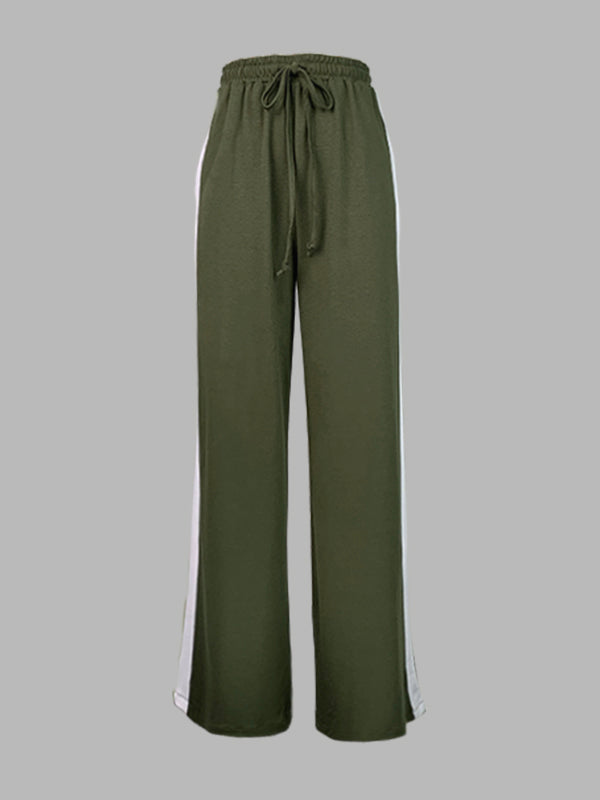 Loose Wide Leg Contrast Color Drawstring Elasticity Split-Joint Pants Trousers