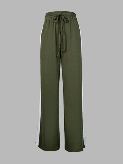 Loose Wide Leg Contrast Color Drawstring Elasticity Split-Joint Pants Trousers