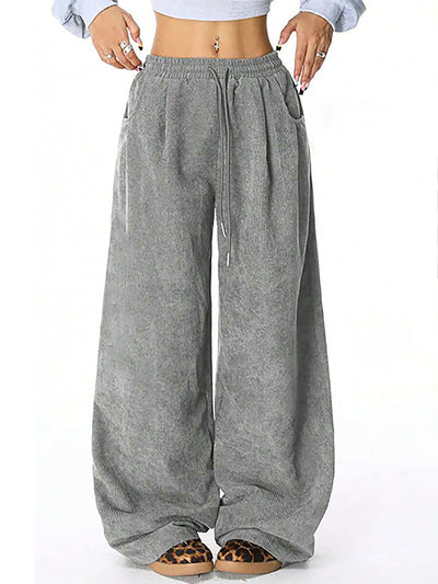 High Waisted Wide Leg Drawstring Elasticity Pockets Solid Color Pants Trousers