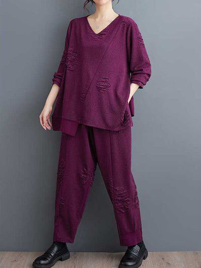 Long Sleeves Asymmetric Solid Color Split-Joint V-Neck T-Shirts Top + Harem Pants Elasticity Pants Bottom Two Pieces Set