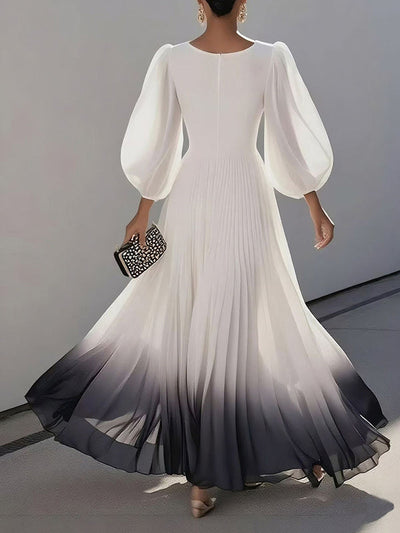 A-Line High Waisted Gradient Pleated V-Neck Maxi Dresses