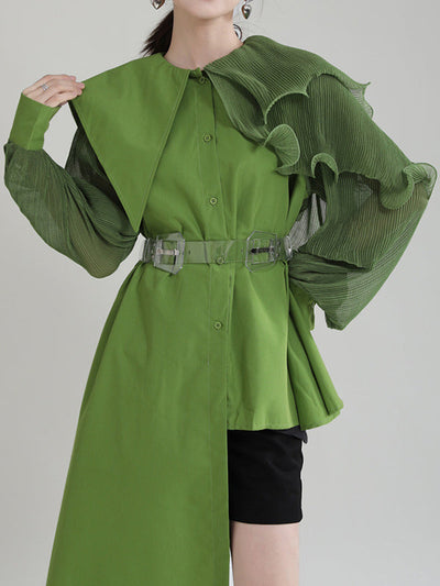 Long Sleeves Loose Asymmetric Pleated Solid Color Split-Joint Falbala Lapel Blouses&Shirts Tops