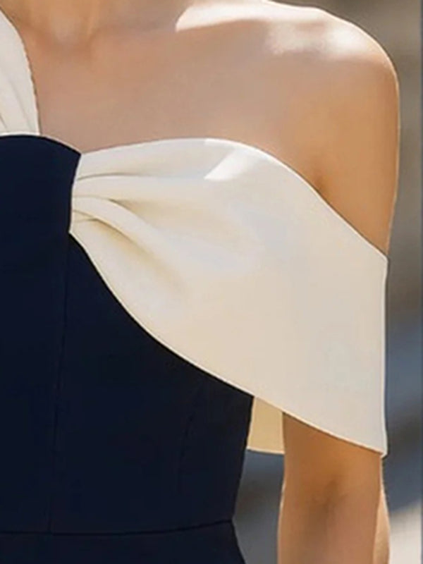 Loose Asymmetric Contrast Color Pleated Split-Joint One-Shoulder Blouses&Shirts Tops