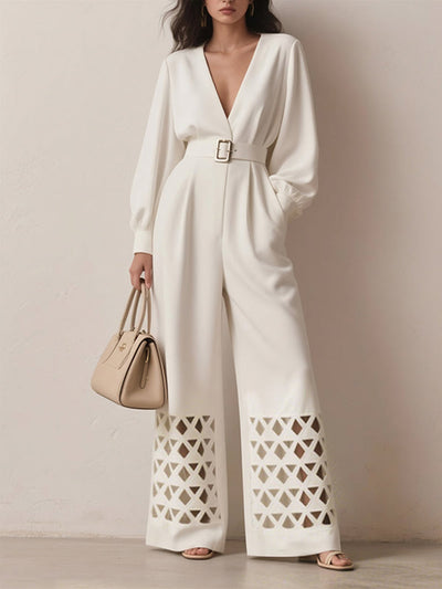 Long Sleeves Puff Sleeves Belted Hollow Solid Color Deep V-Neck Jumpsuits