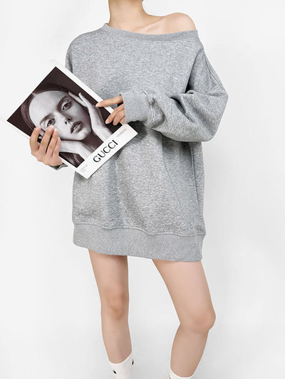 Long Sleeves Loose Solid Color Split-Joint Round-Neck Sweatshirt Tops