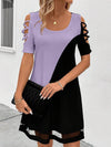 A-Line Loose Contrast Color Hollow Mesh Split-Joint Cold Shoulder Mini Dresses