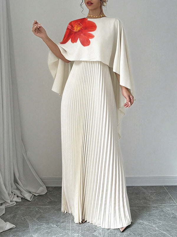 Cape Loose Floral Printed Pleated Split-Joint Round-Neck Evening Dresses Maxi Dresses
