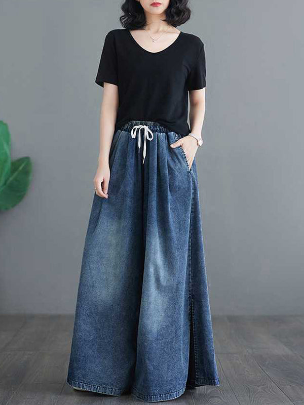 Loose Wide Leg Drawstring Split-Side Jean Pants Bottoms Trousers