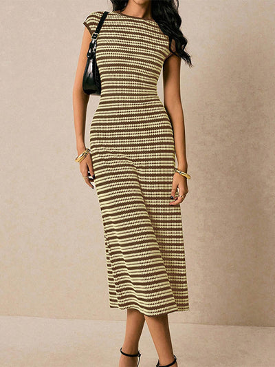 Sleeveless Contrast Color Split-Joint Striped Round-Neck Midi Dresses