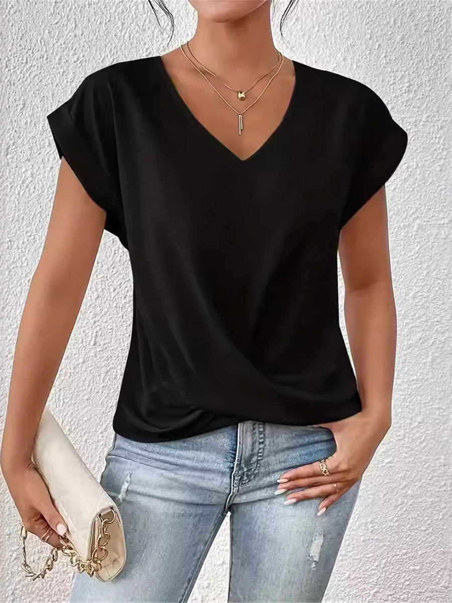 Loose Plus Size Pleated Solid Color V-Neck T-Shirts Tops