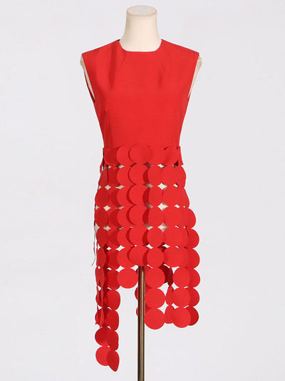 Sleeveless Polka-Dot Solid Color Split-Joint Tasseled Round-Neck Vest Top