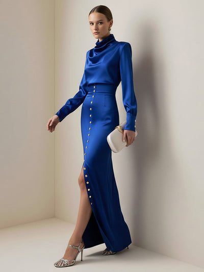 Split-Joint Heaps Collar Long Sleeves Pleated Blouses&Shirts Tops + Elasticated Waist Asymmetric Buttoned  Contrast Color Split-Side Zipper Skirts Bottoms Two Pieces Set