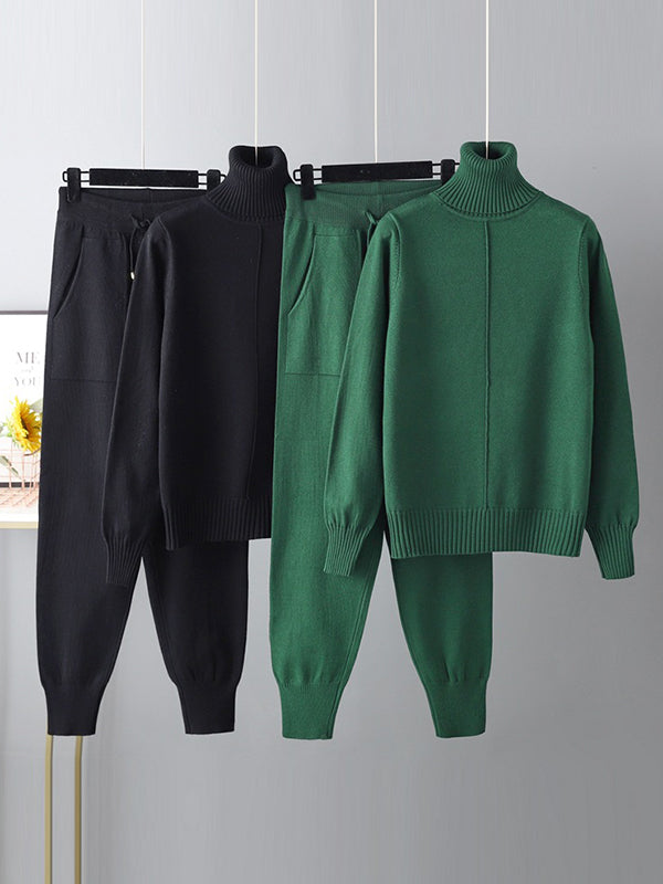 Casual Solid Long Sleeves High-Neck Sweater Tops & Drawstring Wide Leg Pants Suits