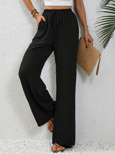 High Waisted Loose Elasticity Pleated Solid Color Tied Waist Pants Trousers