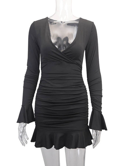 Bodycon Elasticated Waist Pleated Ruffled Solid Color Split-Joint V-Neck Midi Dresses