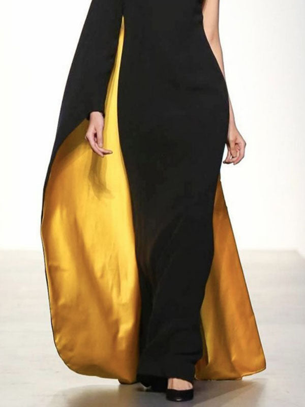 Irregularity Asymmetric Contrast Color Round-Neck Maxi Dresses