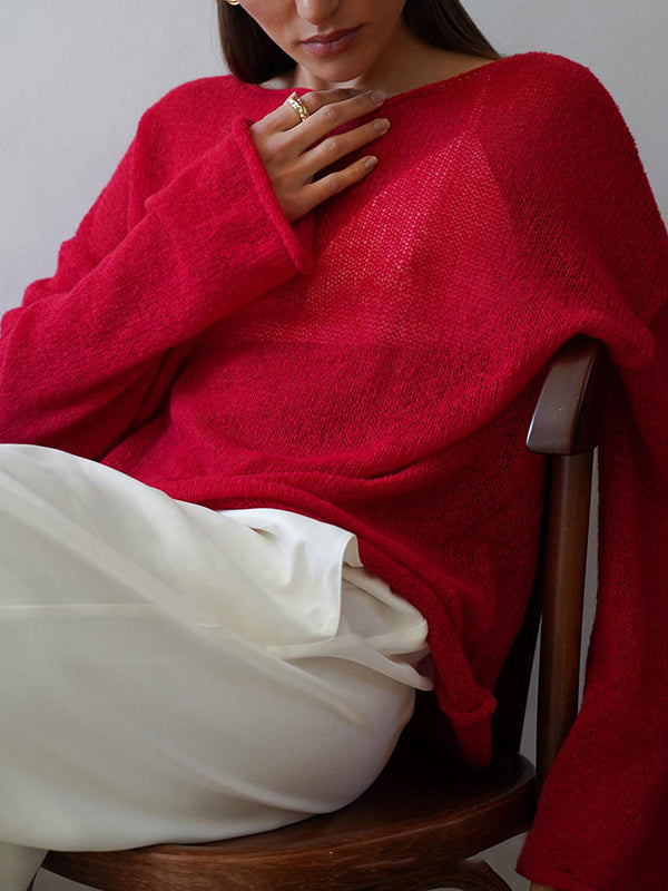 Long Sleeves Loose See-Through Solid Color Split-Joint Round-Neck Sweater Tops