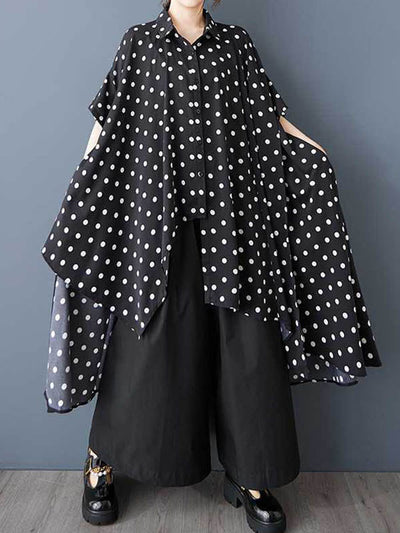 A-Line High-Low Asymmetric Buttoned Polka-Dot Lapel Midi Dresses Shirt Dress
