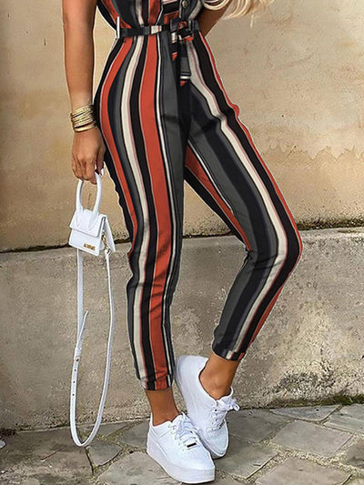 Loose Plus Size Split-Joint Striped Tied Waist Lapel Jumpsuits