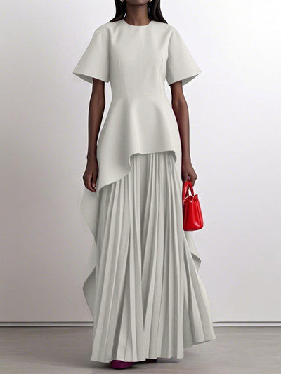 A-Line High Waisted Pleated Solid Color Split-Joint Round-Neck Maxi Dresses