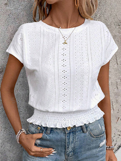 Loose Short Sleeves Elasticity Hollow Jacquard Solid Color Round-Neck T-Shirts Tops
