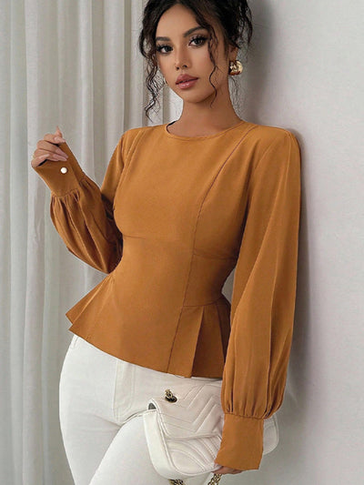 Elasticated Waist High Waisted Asymmetric Pleated Ruffled Solid Color Round-Neck Blouses&Shirts Tops