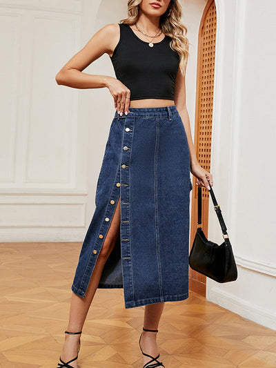 Loose Buttoned Pockets Split-Front Denim Skirts Bottoms