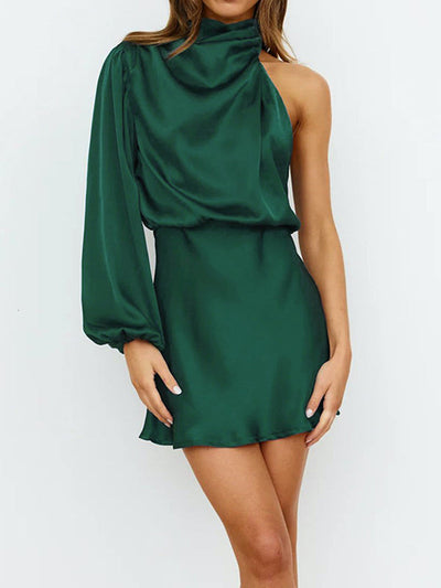 High Waisted Long Sleeves Asymmetric Elasticity Solid Color High Neck Mini Dresses