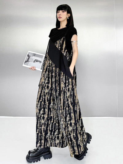 Loose Sleeveless Asymmetric Contrast Color Printed Split-Joint Spaghetti-Neck Overalls