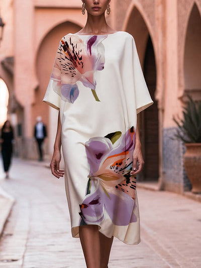 Loose Short Sleeves Asymmetric Floral Printed Split-Joint Round-Neck Midi Dresses